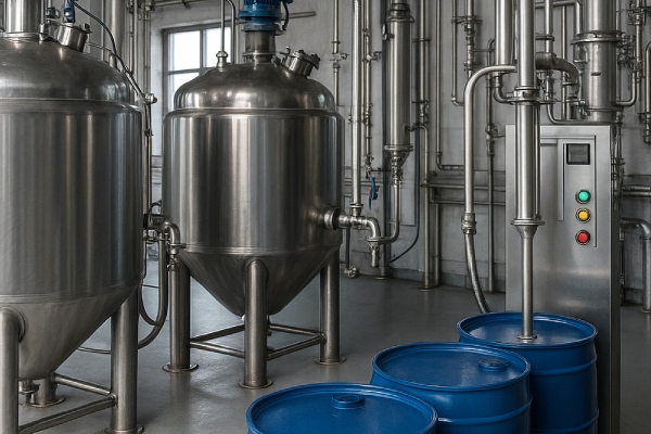 VHPS solvent recovery for agrochemical formulation lines with stainless steel mixing tanks, blue drums and VOC capture hood.