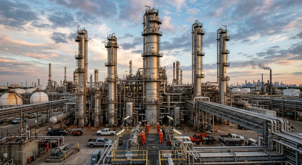 industrial distillation columns in petrochemical refinery