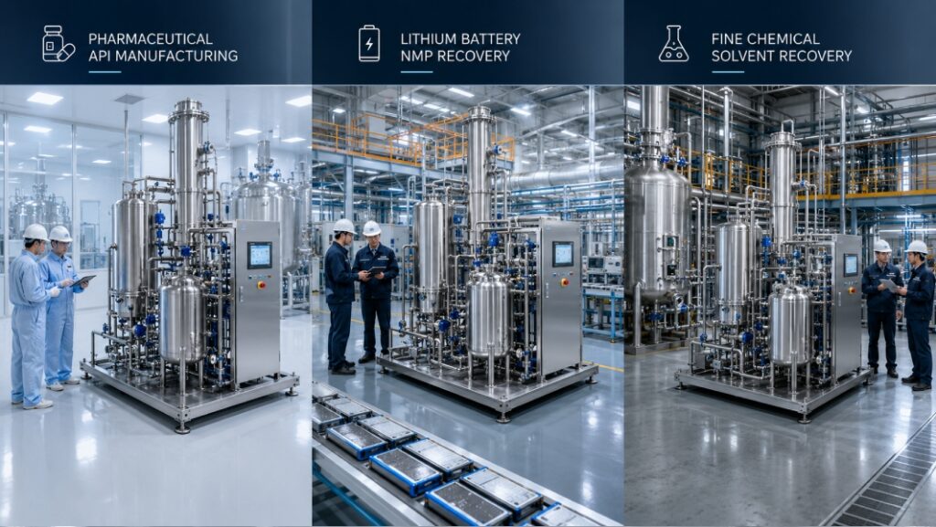 Applications of compact HIGEE solvent recovery systems in pharmaceutical, lithium battery and fine chemical industries.