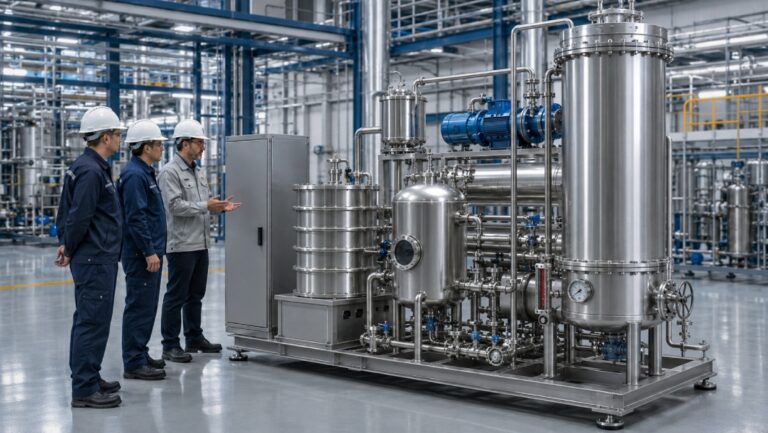 Compact skid-mounted HIGEE solvent recovery system in a clean chemical plant.