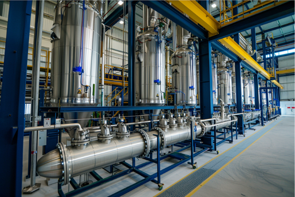 Row of tall stainless steel distillation columns with a horizontal heat exchanger and process piping inside a clean, modern industrial facility