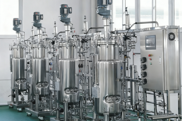 Row of automated stainless steel bioreactors with agitator motors and control panel inside a clean biopharmaceutical fermentation facility