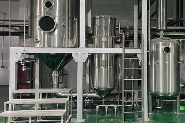 Stainless steel process vessels with conical bottoms, platform and ladder, connected by sanitary piping inside a clean industrial processing workshop