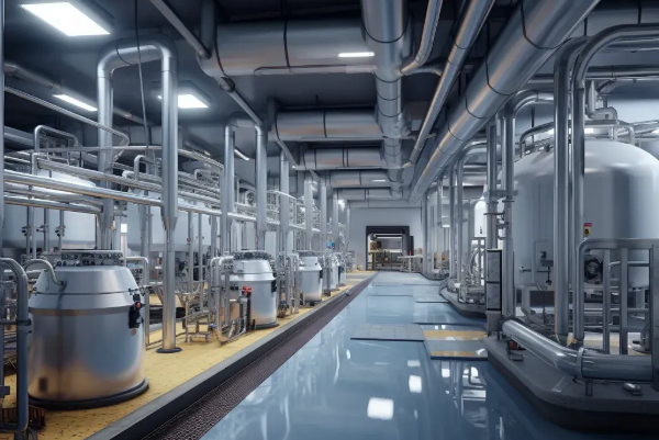 Wide view of a clean industrial hall with stainless steel reactors, piping and overhead ducting forming a modern process and distillation system