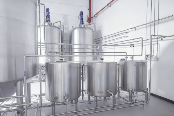Multiple stainless steel mixing and storage tanks with sanitary piping inside a bright, white industrial processing room