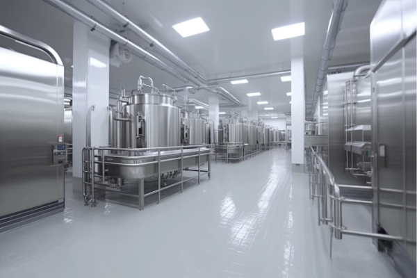 Wide view of a bright cleanroom production hall with stainless steel process vessels, piping and platforms on a glossy white floor