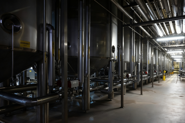 Dimly lit corridor between large stainless steel process tanks with piping and overhead lines inside a modern industrial production facility