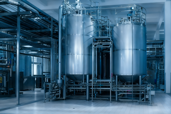Row of tall stainless steel process tanks with conical bottoms, access stairway and sanitary piping inside a bright, clean industrial production room