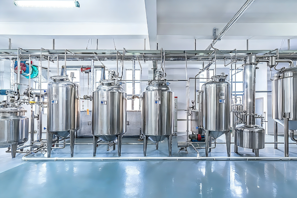 Row of stainless steel process tanks with sanitary piping and valves inside a bright, clean industrial production workshop