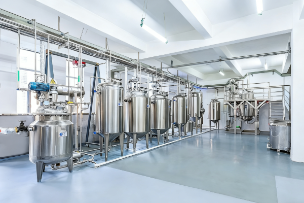 Row of stainless steel process tanks and piping with platforms and mixers inside a bright, clean industrial production workshop