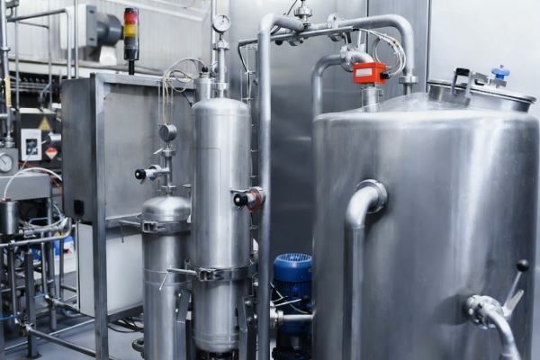 Stainless steel pressure vessels, tank, piping and control instruments inside a modern industrial processing plant