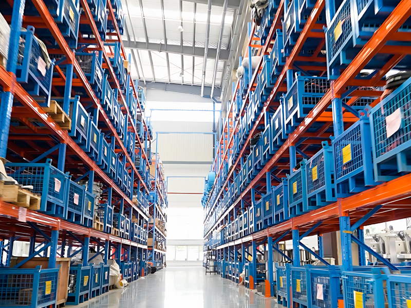 Warehouse storing supergravity heat pump distillation equipment and spare parts with racking and inventory control