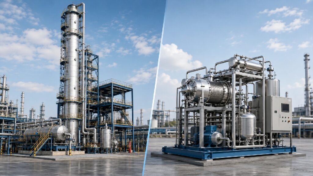 Infographic showing how HIGEE technology reduces solvent recovery system size through intensified mass transfer.
