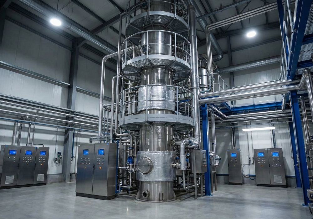 Industrial distillation system operating in a modern chemical plant environment